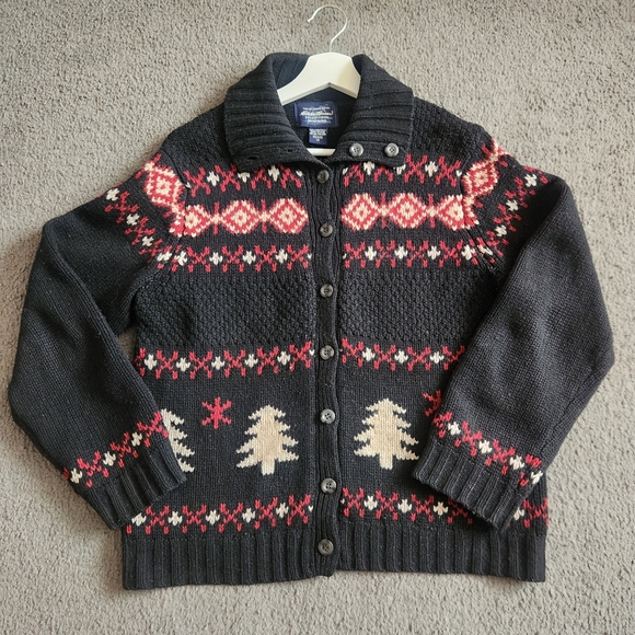 EDDIE BAUER Women's Cardigan Petite Medium Black 100% Lambswool VTG 90s Sweater - Picture 1 of 9